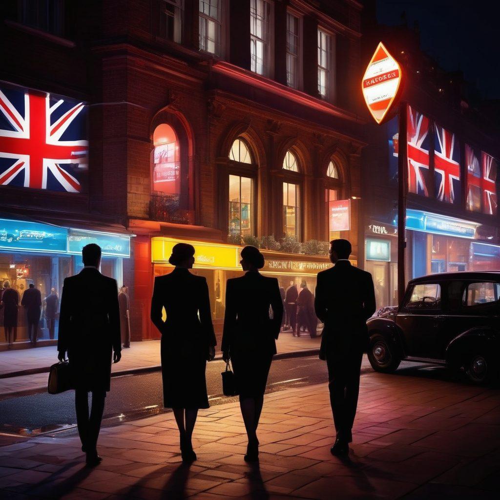 A stylish outline of a classic British cityscape featuring elegant architecture, with silhouetted figures of diverse women in sophisticated dresses and men dressed in sharp suits, hinting at exclusivity. The scene should evoke a vibrant nightlife atmosphere, with colorful neon signs and soft glowing lights, enhancing the allure of premium companionship. A subtle Union Jack in the background for a touch of nationality. super-realistic. vibrant colors. night setting.
