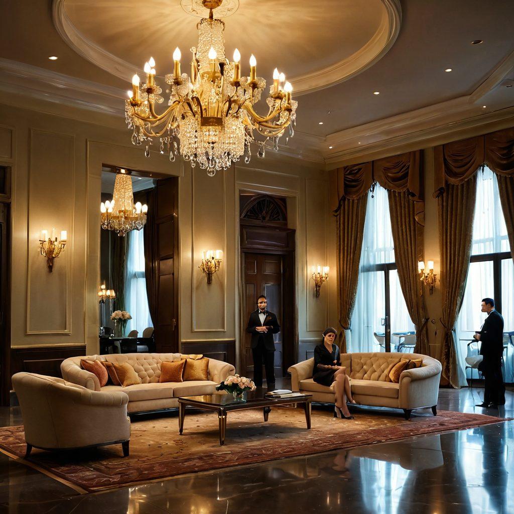 A luxurious and elegant hotel lobby, featuring a stunning chandelier and plush seating arrangements. In the foreground, an exquisite neatly dressed escort with a warm smile is engaging with a sophisticated client. Soft, ambient lighting and rich decor create an inviting atmosphere, enhancing the sense of premium service. The overall composition should evoke a feeling of exclusivity and opulence. super-realistic. vibrant colors. soft focus.
