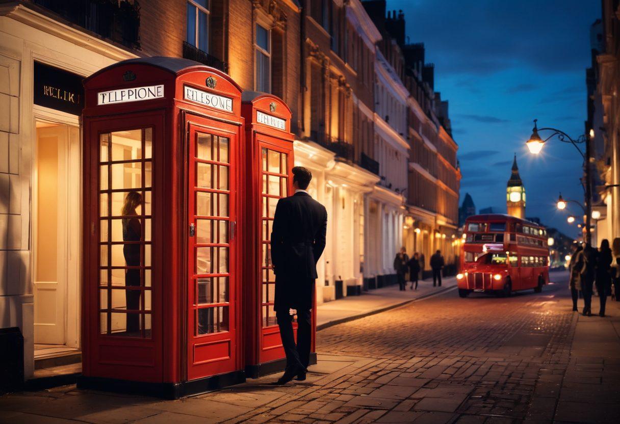 An elegant, modern city skyline at dusk, featuring a luxurious hotel entrance with soft ambient lighting, accompanied by silhouettes of sophisticated couples paired with an air of intrigue. Elegant fashion elements subtly integrated into the scene, hinting at sophistication and allure. A hint of British culture seen in corner elements like a red phone booth or a double-decker bus in the background. soft bokeh effect for a dreamy atmosphere. super-realistic. vibrant colors.